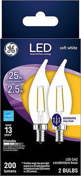 GE 22521 LED Bulb, Decorative, CAC Lamp, 25 W Equivalent, E17 Lamp Base, Dimmable, 2700 K Color Temp